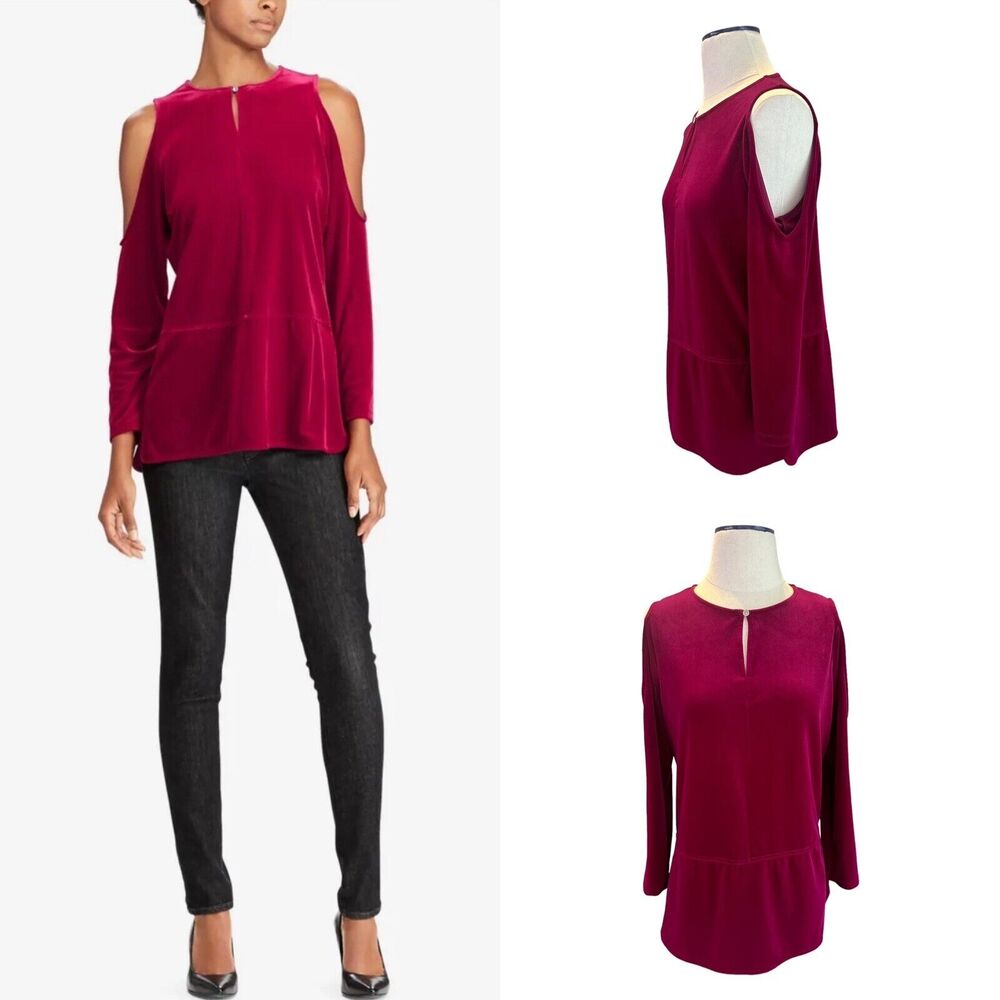 RALPH LAUREN Burgundy Velvet Cold Shoulder Long Sleeve Blouse Size‎ M Retail $89